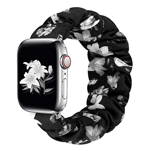 Scrunchie Strap kompatibel für Apple Watch Band 49mm 45mm 41mm 44mm 40mm 42mm 38mm, Elastisches Nylon-Damenarmband für iwatch Ultra Series 8 7 6 SE 5 4 3 2 1, 38/40/41mm-L, Schwarzgraue Blume von SOLOLUP
