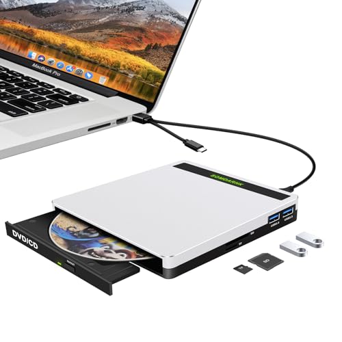SOMDARHK Externes CD/DVD Laufwerk : DVD Brenner Player Extern USB 3.0 Type C Tragbar Aluminium Superdrive für Mac Windows Laptop – Ultra Slim mit 2 USB/SD-Kartenleser/TF Slot (Sliber) von SOMDARHK
