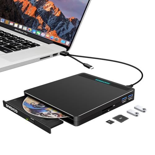 SOMDARHK Externes CD DVD Laufwerk USB 3.0 Type-C DVD RW Brenner Extern mit SD/TF Slot & 2 USB, Optische CD Laufwerk für Laptop PC Desktop Mac Windows 11 10 MacBook Air Apple von SOMDARHK