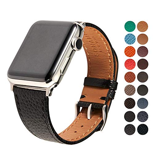 SONAMU New York Kompatibel mit Apple Watch Armband 42 mm, hochwertiges italienisches Kaviar-Lederarmband mit Edelstahl-Schnalle, Schwarz von SONAMU New York