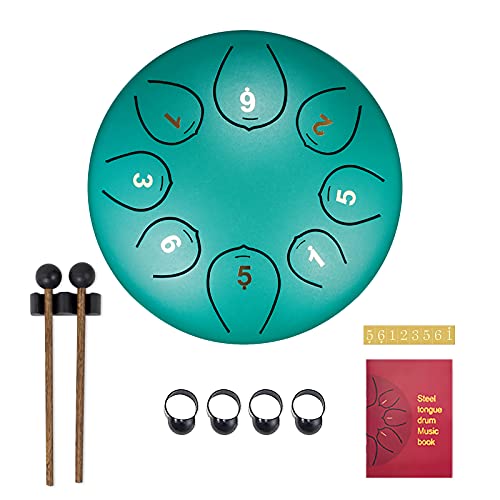 SONARIN Zungentrommel Steel Tongue Drum 8 Noten 6 Zoll,StahlZungentrommel Percussion Instrument Handpan Drum mit Reisetasche,2 Drumsticks,Musikbuch,4 Fingerabdeckung,für Meditation Yoga(Grün) von SONARIN