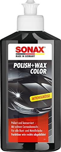 SONAX Polish+Wax Color schwarz (250 ml) Mittelstarke Politur für neuwertige und leicht matte Lacke mit Farbpigmenten und Wachsanteilen | Art-Nr. 02961410 von SONAX