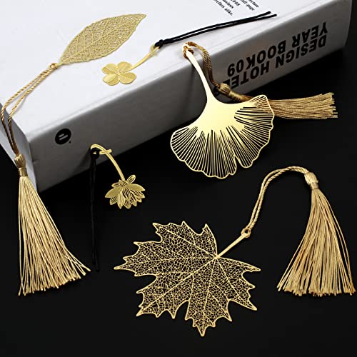 SONEER 5 Stück Metall Leaf Lesezeichen, Gold Bookmark mit Quasten Anhänger, Seitenmarker Geschenke für Lehrer, Studenten, Kinder, Leser, Freunde von SONEER
