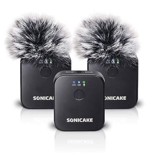 SONICAKE Lavalier Mikrofon Wireless mit 2 Sender und 1 Empfänger 2,4 GHz 50m Reichweite für iPhone/Android/DSLR Kamera/Camcorder Hochpassfilter für Live Streaming Vlog Interview Aufzeichnung von SONICAKE