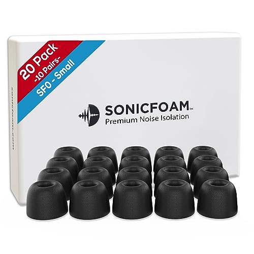 SONICFOAM Memory-Schaum-Ohrhörer-Aufsätze – Prämie Geräuschisolierung, Ersatz-Ohrhöreraufsätze aus Schaumstoff, 20 Stück für In-Ear-Kopfhörer (SF0 Klein, Schwarz) von SONICFOAM