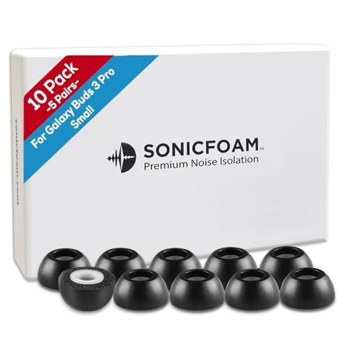 SONICFOAM Memory-Schaum-Ohrhörer-Aufsätze – Prämie Geräuschisolierung, Ersatz-Ohrhöreraufsätze aus Schaumstoff, 10 Stück für Galaxy Buds 3 Pro (Klein, Schwarz) von SONICFOAM