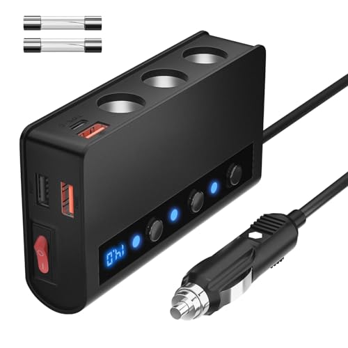 (7 in 1) Zigarettenanzünder Verteiler Auto Adapter 12V: 180W KFZ Ladegerät 3 Steckdose 24V Mehrfach Splitter DC mit LED Voltmeter Schalter 4 USB Anschlüsse 6.8A für alle Handys GPS Autokamera usw von SONRU