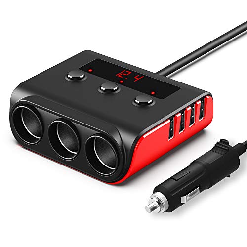 Auto Ladegerät Adapter, SONRU 3 Fach KFZ Zigarettenanzünder Verteiler mit 4 USB Ports, 120W 12V/24V DC Mehrfach Steckdose Splitter mit LED Voltmeter Getrennte Schalter für GPS/Dash Cam/Telefon von SONRU