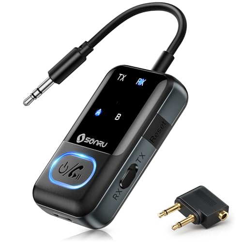 SONRU Bluetooth 5.3 Adapter Transmitter Flugzeug, 2 in 1 Sender Empfänger Mit Klinke AUX 3,5mm für 2 Kopfhörer, Stereoanlage, Autoradio, TV von SONRU