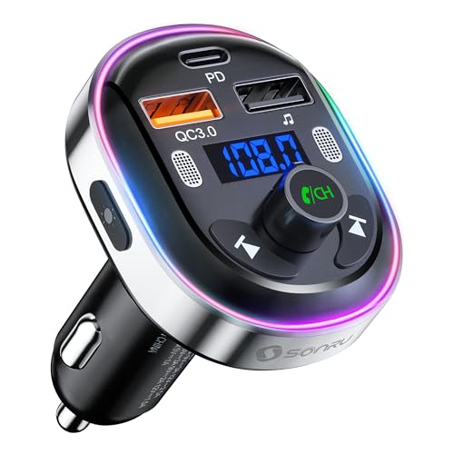 Bluetooth 5.3 FM Transmitter, SONRU Bluetooth Auto Radio Adapter, Metall PD 30W & QC3.0 Schnelles Autoladegerät mit Freisprecheinrichtung, Stärkere Dual-Mikrofone, Unterstützt USB-Stick, Ringlicht von SONRU