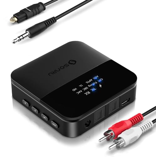 SONRU Bluetooth Transmitter Empfänger für TV, Bluetooth Audio Adapter, AptX HD Low Latency Bluetooth Sender für 2 Kopfhörer Lautsprecher Stereoanlage, Große Reichweite, TOSLINK/RCA/AUX/Optisch von SONRU