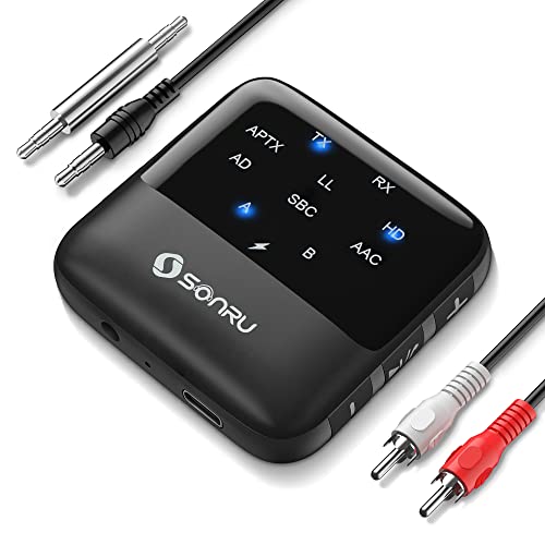 SONRU Bluetooth Audio Adapter, 2 in 1 Bluetooth Transmitter Empfänger für TV Laptop Stereoanlage Kopfhörer Lautsprecher, Doppelte Kopplung Bluetooth Splitter, mit RCA/AUX Kabel von SONRU