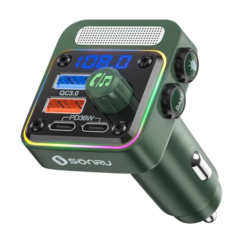 SONRU FM Transmitter Auto Bluetooth 5.3 Adapter Auto, Bass & HiFi Stereo Freisprechanlage für Auto Bluetooth mit [PD 36W & QC 3.0 18W] Schnelles Autoladegerät von SONRU