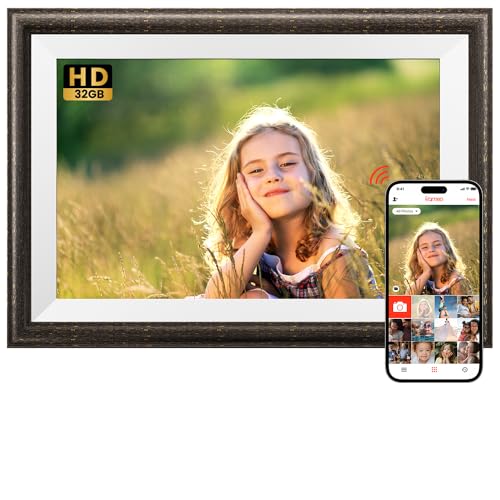 SONVGOO 10.1 Zoll Holz Digitaler Bilderrahmen, 1280x800 IPS Vollperspektive Touchscreen Elektronischer Bilderrahmen mit 32GB Speicher, Automatische Drehung von SONVGOO