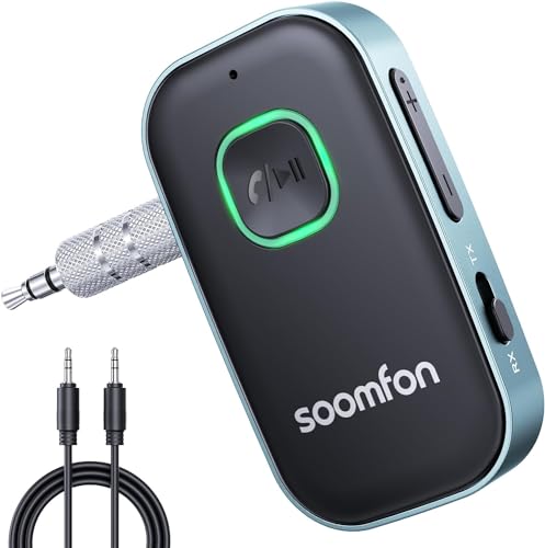 2-in-1 Bluetooth 5.3 Transmitter Empfänger Klinke 3.5mm, SOOMFON Bluetooth Adapter 1 auf 1, Drahtloser Bluetooth Splitter, Bluetooth Sender Receiver für Auto, TV, Fernseher, Kopfhörer, Stereoanlage von SOOMFON