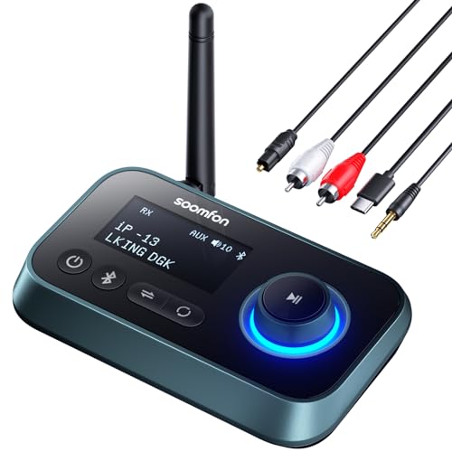 3-in-1 Bluetooth 5.0 Sender Empfänger für 2 Kopfhörer, SOOMFON Bluetooth Adapter Audio für TV PC Stereoanlage, Low Latency Bluetooth Transmitter Empfänger mit Lautstärkeregelung, Aux/RCA/Optisch von SOOMFON