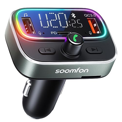 Bluetooth 5.3 FM Transmitter, SOOMFON Radio Bluetooth Adapter Auto, PD30W Typ C & QC3.0 USB Auto Ladegerät, Metall Bluetooth Transmitter mit 2 Mikrofon, Freisprechen, U-Disk & TF-Karte, 9 Lichtsmodi von SOOMFON