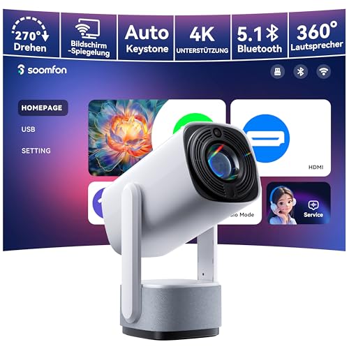 Mini Beamer 4K Unterstützt - SOOMFON Smart Mini Projektor Klein mit WiFi und Bluetooth Full HD 720P Video Beamer 260 ANSI Lumen, Auto Trapezkorrektur, 150-Zoll Bild 270° Drehbarer Tragbarer Projektor Mini Beamer 4K Unterstützt - SOOMFON Smart Mini Projektor Klein mit WiFi und Bluetooth Full HD 720P Video Beamer 260 ANSI Lumen, Auto Trapezkorrektur, 150-Zoll Bild 270° Drehbarer Tragbarer Projektor von SOOMFON