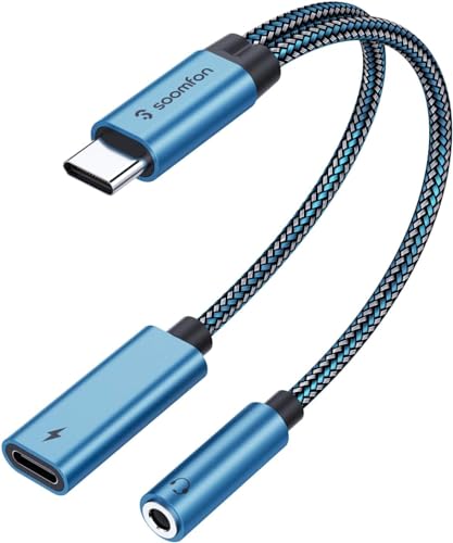 SOOMFON 2-in-1 USB C auf Klinke Adapter und Laden, Typ C 3,5mm Aux Kopfhörer Adapter mit DAC-Chip, PD 60W Schnellladung, für iPhone 15/15 Pro Max, Samsung S24/S23/S22, Huawei, Pixel usw. (Blau) von SOOMFON