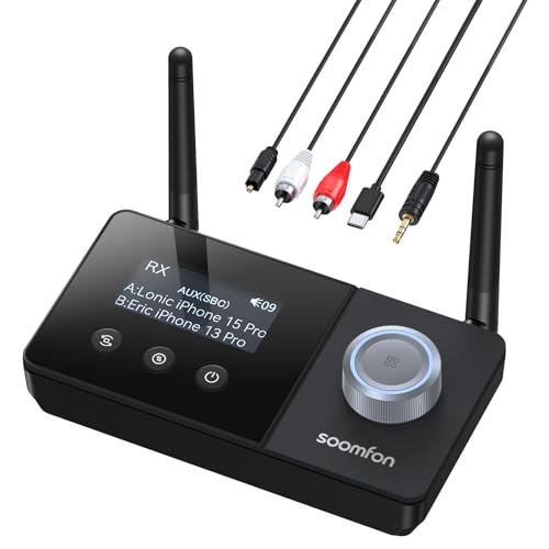 SOOMFON Bluetooth 5.3 Sender Empfänger für 2 Kopfhörer, 3-in-1 Bluetooth Audio Adapter mit Doppelantenne, Bluetooth Transmitter Receiver für TV/Stereoanlage, mit Lautstärkeregelung, Aux/Cinch/Optisch von SOOMFON