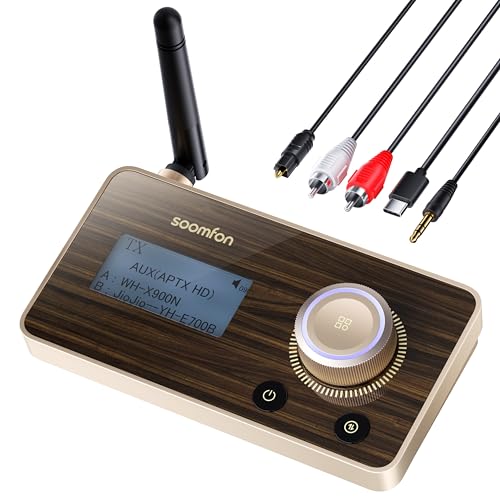 SOOMFON aptX LL & HD Bluetooth 5.2 Sender Empfänger, 3-in-1 HiFi Bluetooth Adapter Transmitter Receiver für TV, Stereoanlage & Kopfhörer, Lautstärke Regeln, Duale Verbindung, Aux/Optisch/RCA von SOOMFON