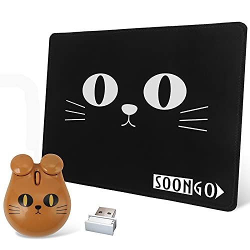 Kabellose Maus und Maus-Pad-Set für Kinder, süße Katze, geeignet für Computer, Desktop, Notebook, PC, Laptop, Gummi, rutschfest, Maus-Pad, Heimbüro, Computer-Mäuse-Matte (braun) von SOON GO