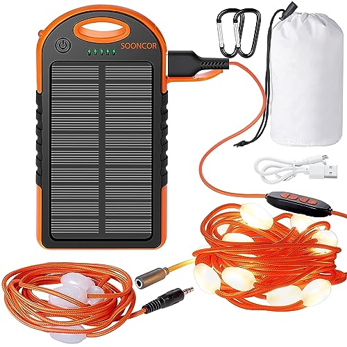 SOONCOR Lichterkette, für den Außenbereich, mit Akku, USB, wiederaufladbar, solarbetrieben, 12 + 5 LEDs, 9 m, abnehmbar, 7 Leuchtmodi, verstellbar, Lampe für Camping, Zelt und Haus. von SOONCOR