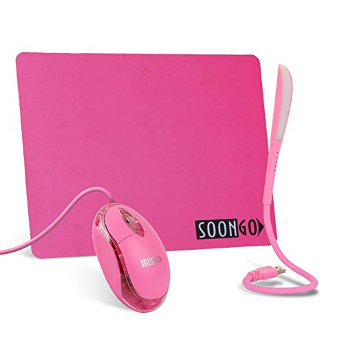 SOONGO Pink Mouse Pad Kids Mouse for Laptop USB LED Light 3 in 1 Gift Combo Mice Pad Non-Slip Rubber Base Touch Dimmable Flexible USB Laptop Reading Lamp for Computer Laptop Home Office Travel von SOONGO