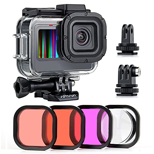 SOONSUN Wasserdichtes Gehäuse für GoPro Hero 12/11/10/9 Schwarz mit 4er-Pack Tauchfilter – 60M Unterwassergehäuse für GoPro Hero 9 10 11 12 Schwarz mit Rot, Hellrot, Magenta, 5 x Makrofilter von SOONSUN