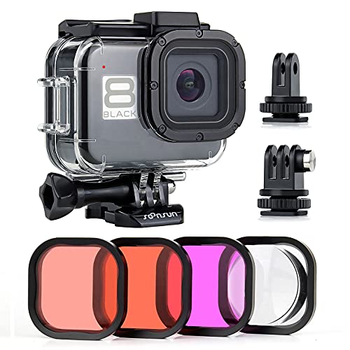 SOONSUN Wasserdichtes Gehäuse für GoPro Hero 8 schwarz mit 4er-Pack Tauchfilter – 60 m Unterwasser-Tauchgehäuse, integrierte Dual-Kaltschuh-Steckplätze mit Rot, Hellrot, Magenta und 5 x Makrofilter von SOONSUN