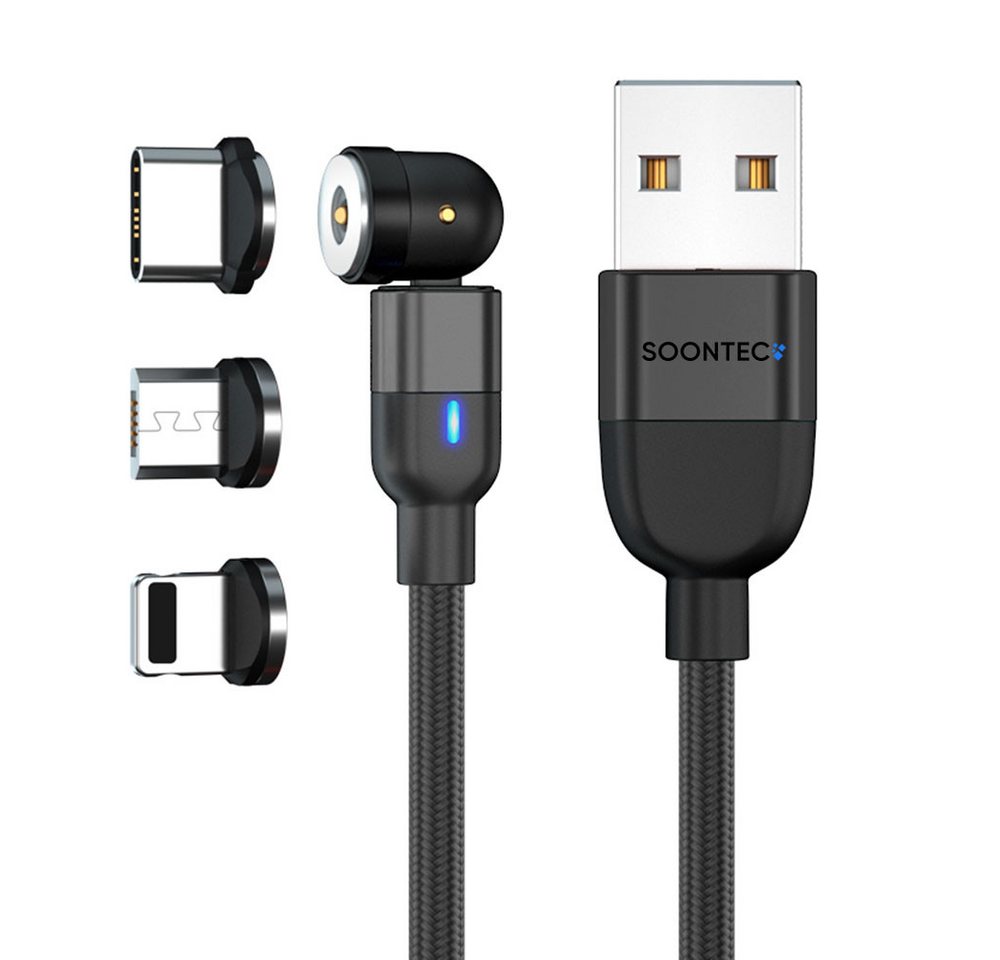SOONTEC Magnet Ladekabel SOONTEC 0,5m-6,5m Micro USB/USB-C/Lightning 2,4A/3,0A magnetisches Ladekabel, Lightning, Micro-USB, USB-C, Lightning, USB-C, Micro-USB (100 cm), drehbar 360°&180° von SOONTEC