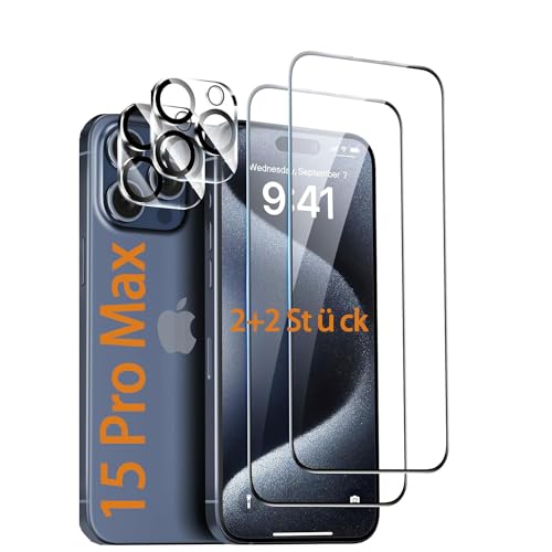 SOPAND S01 2+2 Stück Schutzfolie für Panzerglas iPhone 15 Pro Max [6.7 Inch] mit 2 Stück Glas Schutzfolie + 2 Stück Glas Kamera Schutzfolie [9H Härte][HD Klare][Anti-Kratzen][Anti-Öl] von SOPAND