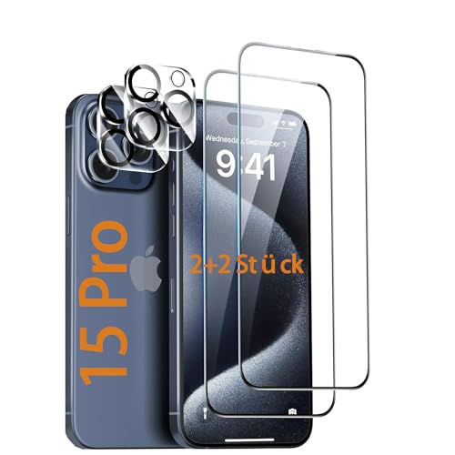 SOPAND S03 2+2 Stück Schutzfolie für Panzerglas iPhone 15 Pro [6.1 Inch] mit 2 Stück Glas Schutzfolie + 2 Stück Glas Kamera Schutzfolie [9H Härte][HD Klare][Anti-Kratzen][Anti-Öl] von SOPAND