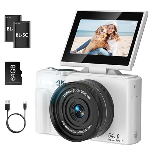 SOPPY 4K Digitalkamera Fotokamera 64MP Vlogging Kamera 3,0 Zoll 180°Flip-Screen Kompaktkamera mit 64GB Speicherkarte, 18X Digitalzoom, Mini Digitalkamera für Jungen Mädchen Anfänger (Weiß) von SOPPY