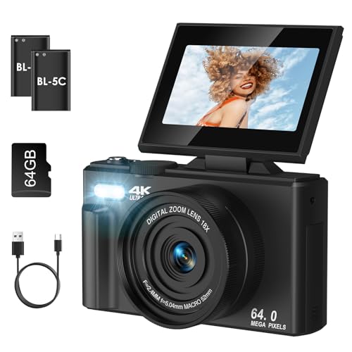 SOPPY 4K-Digitalkamera mit WLAN-Übertragung, 64 MP Autofokus-Vlogging für YouTube, 18-facher Digitalzoom, 7,6 cm (3 Zoll) 180° Flip-Bildschirm mit SD-Karte, kompakte Geschenke für Jungen und Mädchen, von SOPPY