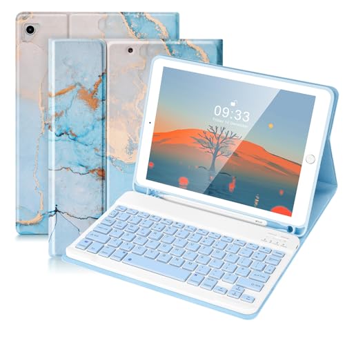 SOPPY Bluetooth-Tastaturhülle für iPad 6./5. Generation (2017-2018), iPad Pro 9.7, iPad Air 1-2, abnehmbare kabellose Tastatur mit Stifthalter, schlanke Schutzhülle, USB-C wiederaufladbar, blauer von SOPPY