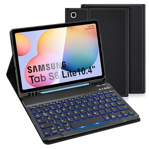 SOPPY Hülle mit Tastatur für Samsung Galaxy Tab S6 Lite, Kabellose 7-Farbige Beleuchtung Tastatur Hülle Schutzhülle für Tab S6 Lite 10,4“ 2020/2022(SM-P610/P615/P613/P619)- Deutsches QWERTZ, Schwarz von SOPPY