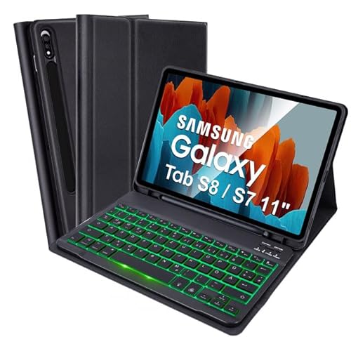 SOPPY Samsung Galaxy Tab S8/Tab S7 Hülle mit Tastatur, Kabellose 7-Farbige Beleuchtung Tastatur Hülle, Schutzhülle mit Stifthalter für Tab S8 11" 2022/Tab S7 11" 2020 - Deutsches QWERTZ, Schwarz von SOPPY