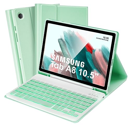 SOPPY Schutzhülle mit 7-farbiger Hintergrundbeleuchtung für Samsung Galaxy Tab A8 10,5 Zoll (26,7 cm) 2022 (SM-X200/X205/X207), Schutzhülle mit abnehmbarer kabelloser Tastatur für Samsung Tab A8, Grün von SOPPY