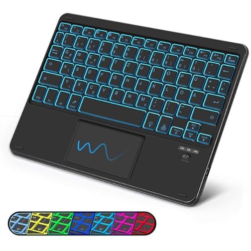SOPPY Tastatur mit Touchpad kabellose Bluetooth Tastaturen mit 7-Farbiger Hintergrundbeleuchtung, Ultra Slim Tastature kompatible mit Windows Android, Schwarz Beleuchtet (DE QWERTZ Layout) von SOPPY