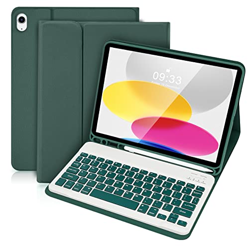 SOPPY iPad-Tastaturhülle für iPad 10.Generation 10,9 Zoll 2022 (A2696/A2757/A2777), Bluetooth-Tastatur, abnehmbare kabellose Tastatur für iPad 10. Generation, mit integriertem Stifthalter,Nachtgrün von SOPPY