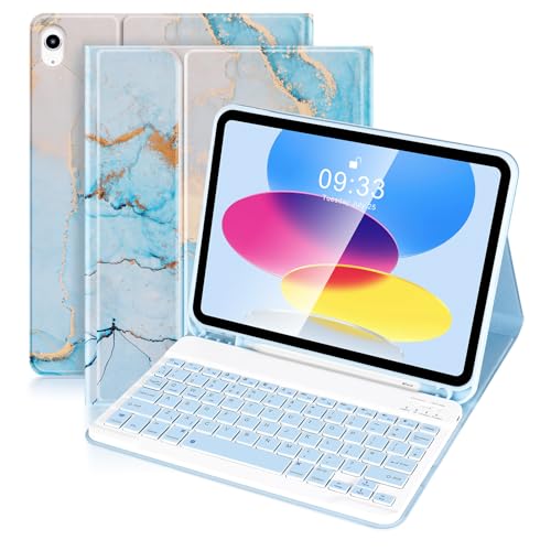 SOPPY Bluetooth-Tastaturhülle für iPad 11. Generation (A16) 11 Zoll 2025, 10. Generation 2022, abnehmbare kabellose Tastatur, mit integriertem Stifthalter, UK-Layout, blauer Marmor von SOPPY