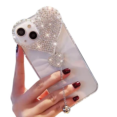 Shinyzone Bling Glitzer Hülle für iPhone 14 6.1,Glänzend Kristall Herz Diamant Chian Stilvoll Handyhülle für Frauen Mädchen Liebes-Anhänger 3D Handgemacht Strass Acryl Schutzhülle mit Weich Bumper von SORAKA