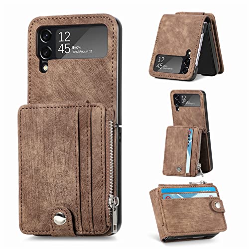 Shinyzone Brieftasche Handyhülle für Samsung Galaxy Z Flip 3 5G, PU Leder 2 in 1 Magnetic Abnehmbarer Kartenhalter Reißverschluss Tasche Cover für Galaxy Z Flip 3 Hülle mit Ständer,Braun von SORAKA