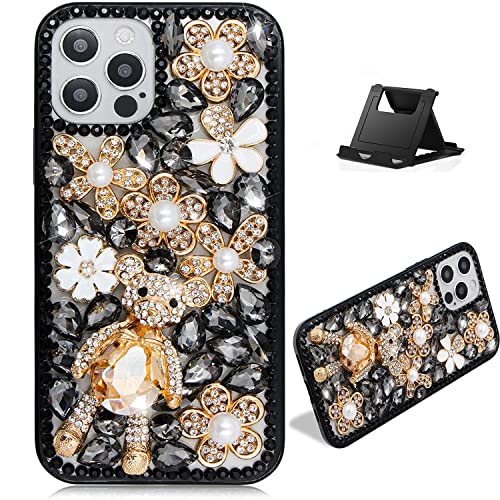 Shinyzone Glänzend Frauen Hülle für Samsung Galaxy A13 5G, Niedlich 3D Bär Funkeln Kristall Diamant Strass Perlen Blumen Design Schwarz Hülle mit Weich Bumper Harte PC Rückseite Schutzhülle von SORAKA