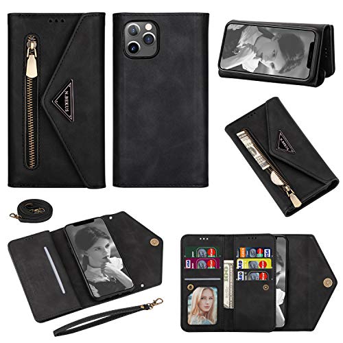 Shinyzone Hülle Kompatibel mit iPhone 12 Pro Max 6.7 Zoll,PU Leder Reißverschluss Umhängetasche Handykette Kartenfächer mit Necklace Crossbody Halsketten Trageschlaufe Lanyard,Schwarz von SORAKA