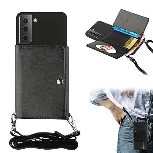 Shinyzone Hülle für Samsung Galaxy S21 mit Band und Kartenhalter,Verstellbar PU Leder Handykette Schultergurt/Halsketten,Silikon Handyhülle mit Kordel zum Umhängen für Frauen,Schwarz Shinyzone Hülle für Samsung Galaxy S21 mit Band und Kartenhalter,Verstellbar PU Leder Handykette Schultergurt/Halsketten,Silikon Handyhülle mit Kordel zum Umhängen für Frauen,Schwarz von SORAKA