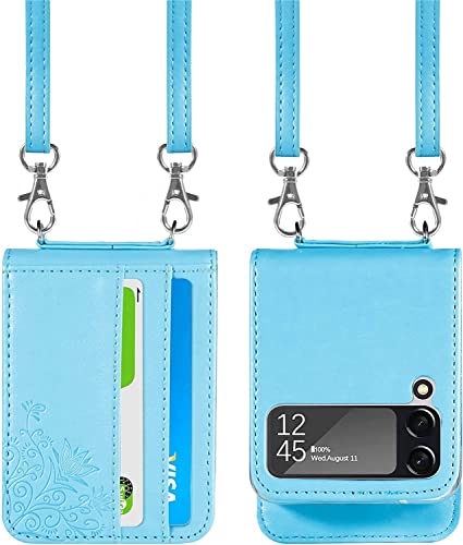 Shinyzone Kompatibel mit Samsung Galaxy Z Flip 4 5G 2022 Handyhülle mit Kette,Leder Galaxy Flip 4 Hülle mit Kartenfach,Handykette Galaxy Flip 4 Hülle mit Kordel zum Umhängen,Blau von SORAKA