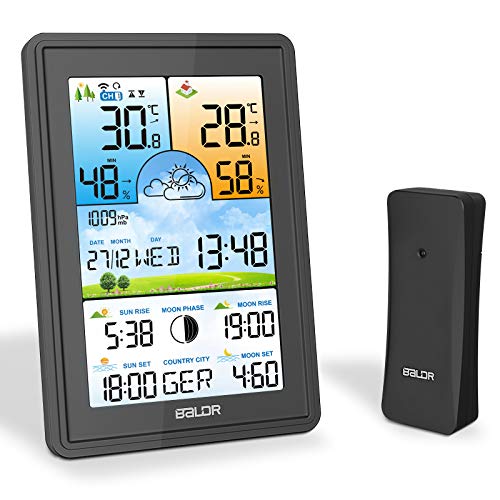 SOSPIRO 2021 Wetterstation Funk mit Außensensor Farbdisplay 3 Senderkanäle Digital Thermometer Hygrometer Innen Außen Raumthermometer Feuchtigkeit mit Wettervorhersage Datum Uhrzeit Temperatur Schwarz von SOSPIRO