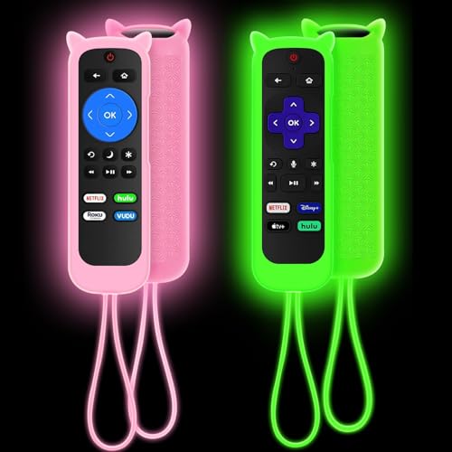 Schutzhülle für Roku-Fernbedienung, Abdeckung für Hisense/TCL Roku TV Steaming Stick/Express, Silikon-Schutzhülle, Universal-Ersatzhülle, leuchtet im Dunkeln, Rosa, Grün, 2 Stück von SOTATOO